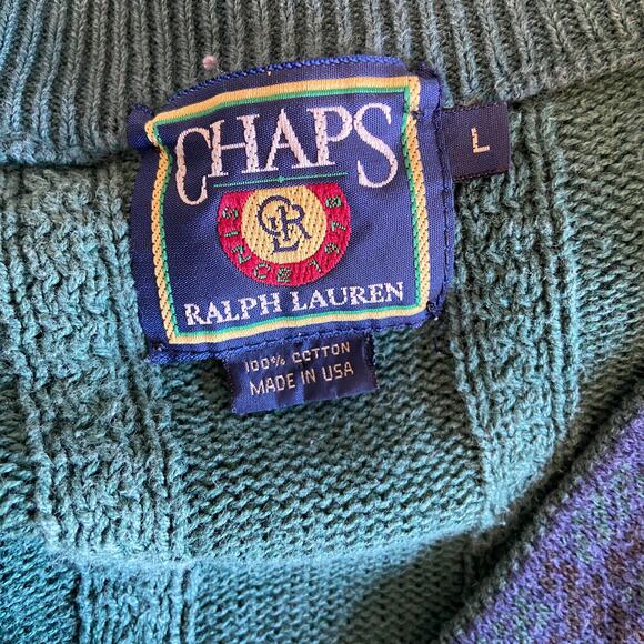 Vintage Chaps Ralph Lauren Preppy Green V Neck Sweater - Men's L - Picture 3 of 4